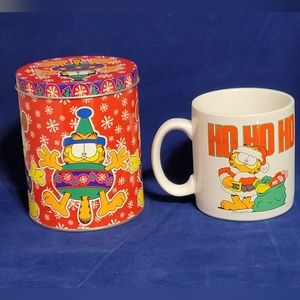 Vintage Garfield Ho Ho Ho Mug and Christmas Metal Canister